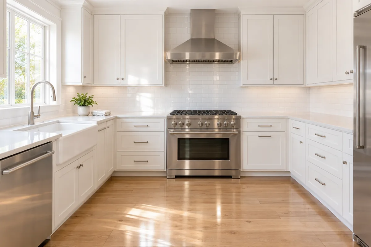 The same kitchen after a Duda's deep clean — clear counters, gleaming stove and glossy floors