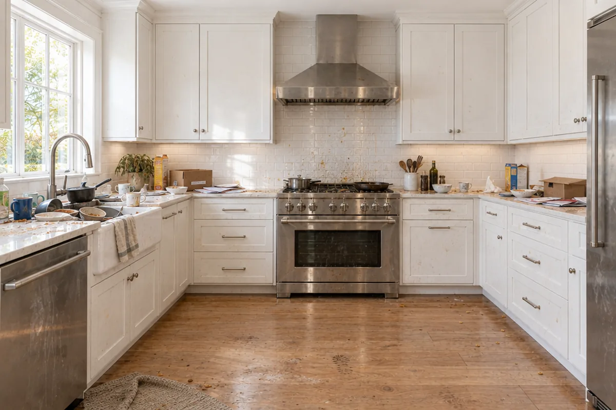 Kitchen before a Duda's deep clean — cluttered counters, greasy stove and dull floors